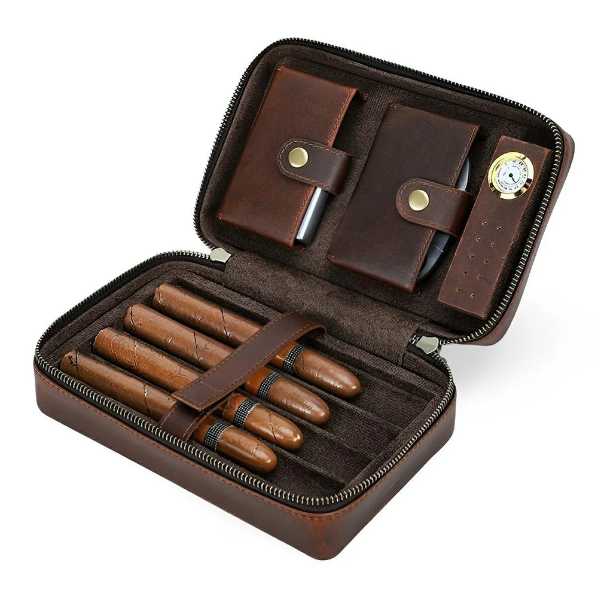 Vintage leather 4-piece cigar case with hygrometer